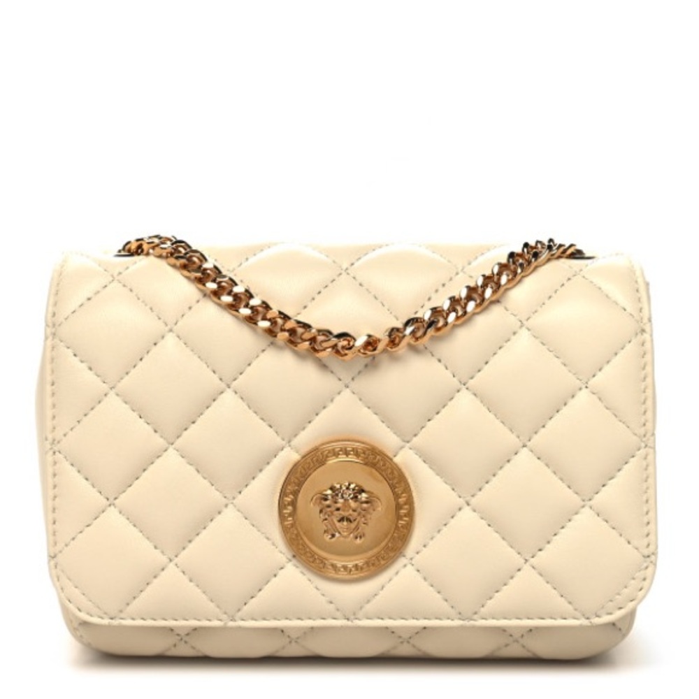 Versace La Medusa Nappa Quilted Beige Leather Chain Small Crossbody Bag Summer